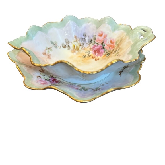 M & Z Austrian Porcelain Floral Trinket Dish Gold Handle Vintage 1900-1940 - Picture 6 of 15